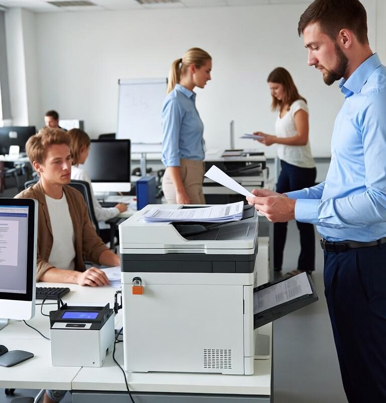 Employee reviewing printed documents at a multifunction office printer in a modern business environment.