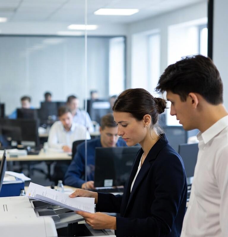 Business professionals collaborating around a multifunction office printer while reviewing printed documents.