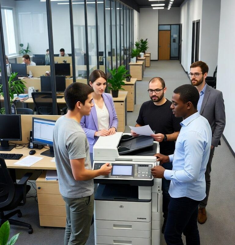 Employee using a multifunction office printer to scan and print business documents in a professional workspace.